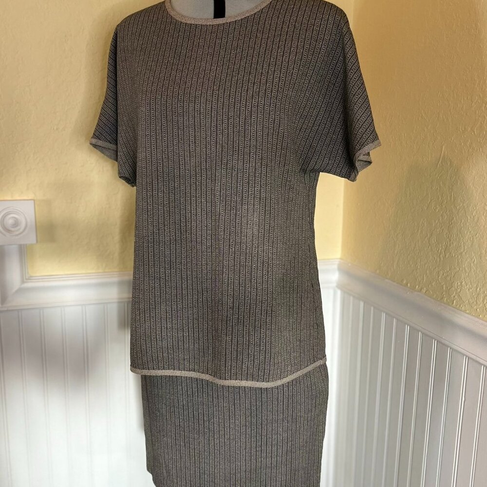 Tina Hagen Striped Gray Brown Skirt Set | Vintage Blouse + Pencil Skirt | Size P